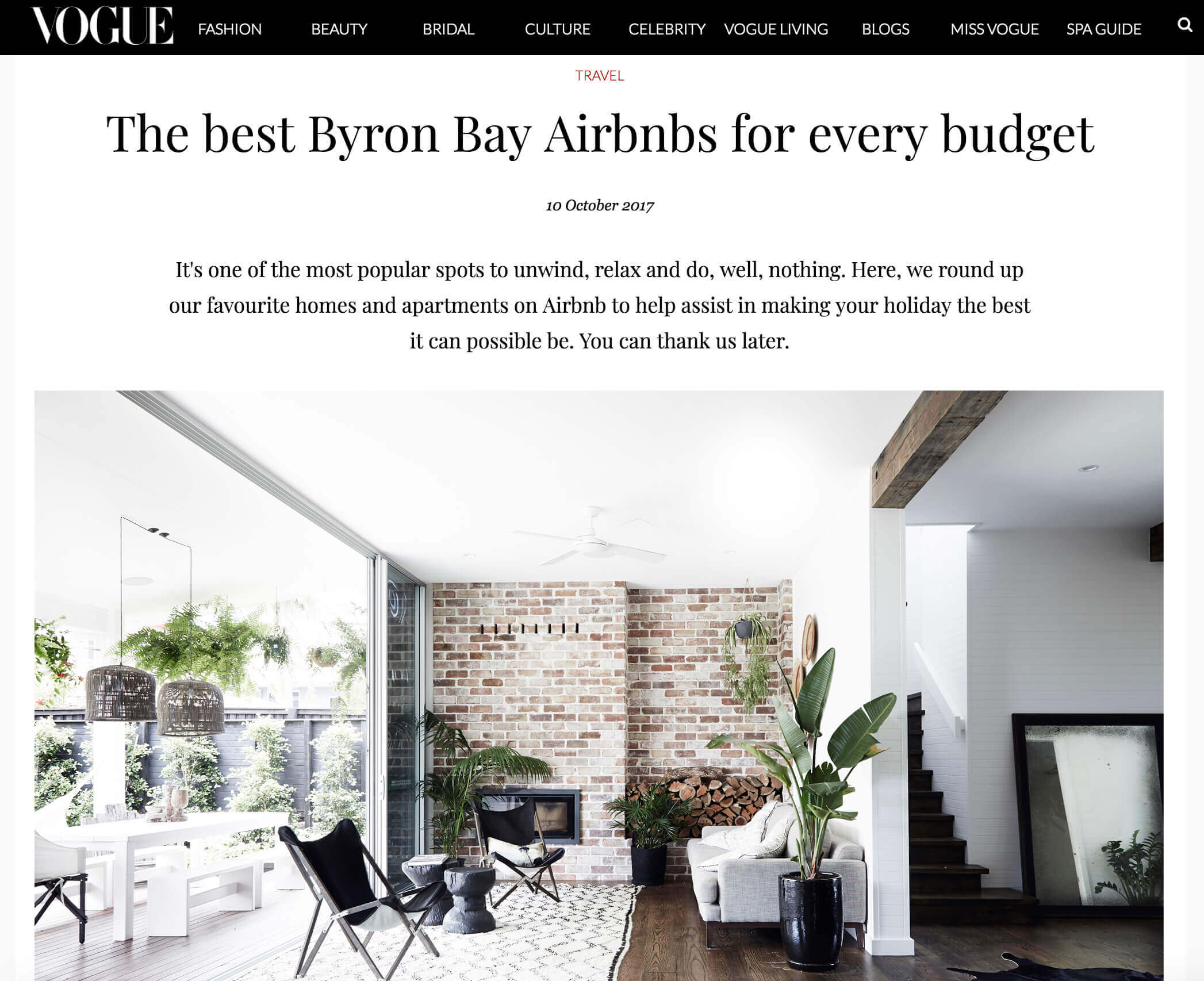 Byron Beach Abodes and The Bower Byron Bay featured in Vogue's list of Byron Bay's best Air bnbs