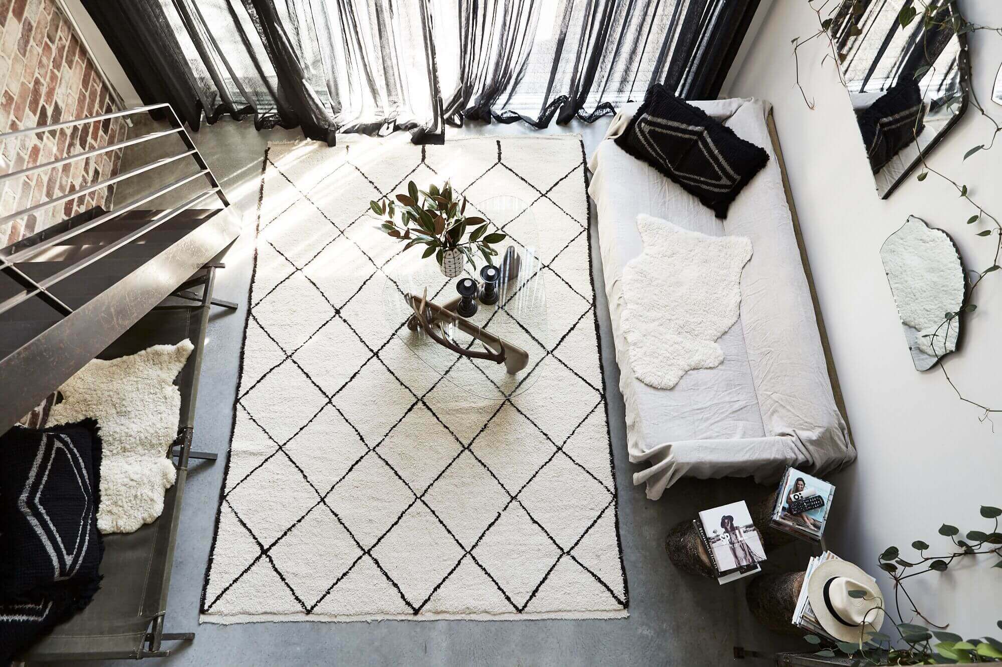 Overhead view of The Chapel's lounge room. A Byron Beach Abodes property.
