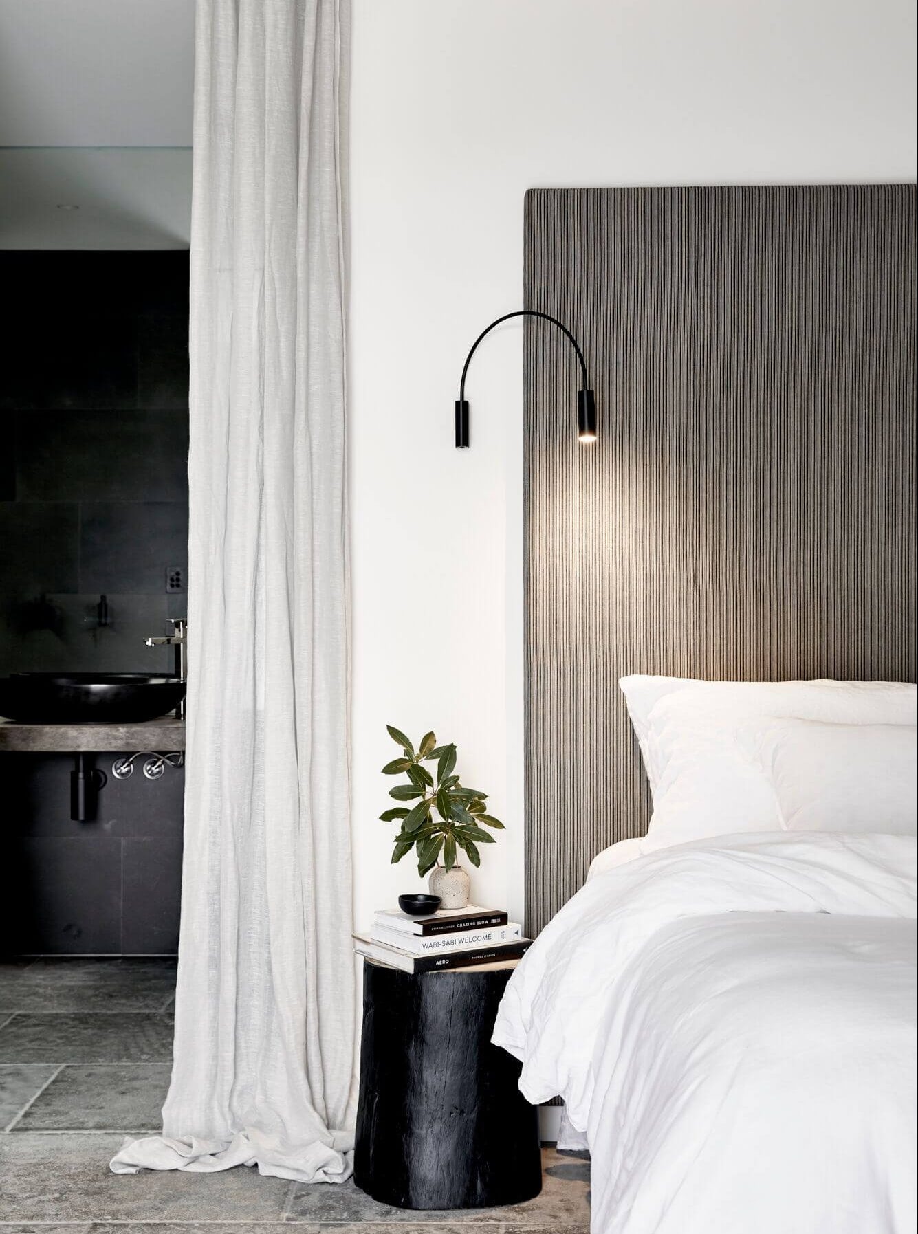 Custom Ralph Lauren fabric bedhead at The Cabin, Byron Beach Abodes