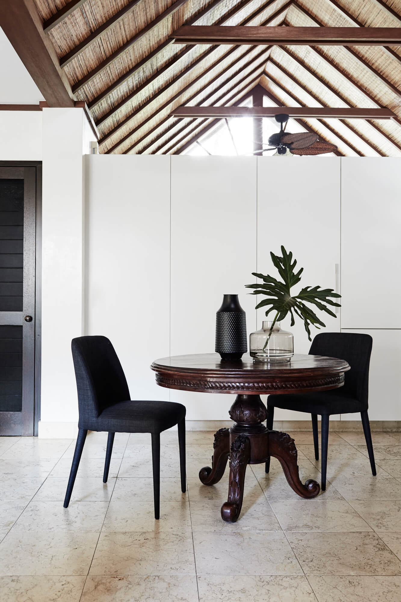 Vaulted, thatched ceilings in the dining area at The Villas of Byron