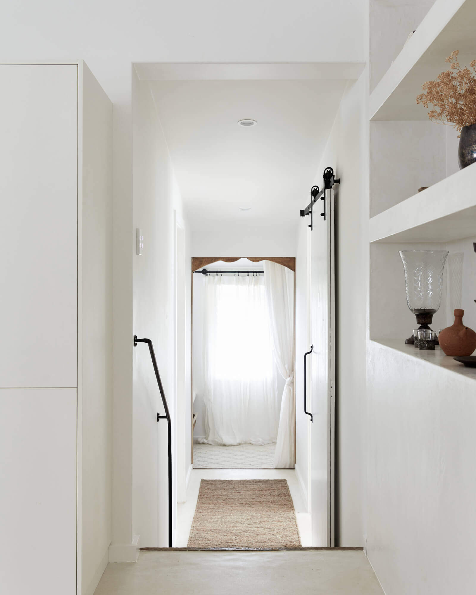 Le Viti Barn Newrybar: Walkway with high ceilings, hand-made handrail, and timber internal barn doors