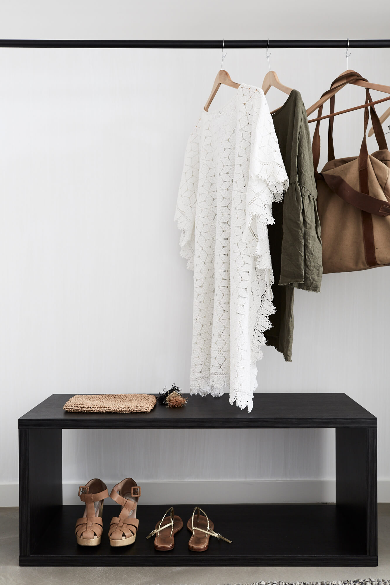 Open hanging wardrobe space at Bower Suites, The Bower Byron Bay hotel