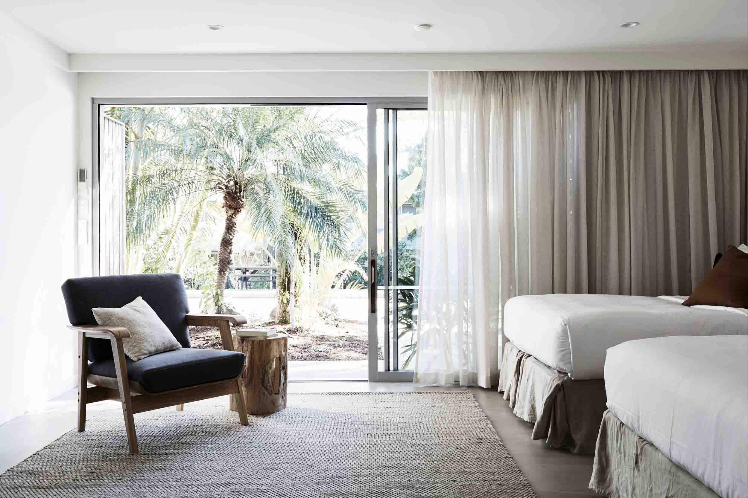 Outlook to tall palm trees from The Bower Suites, The Bower Byron Bay