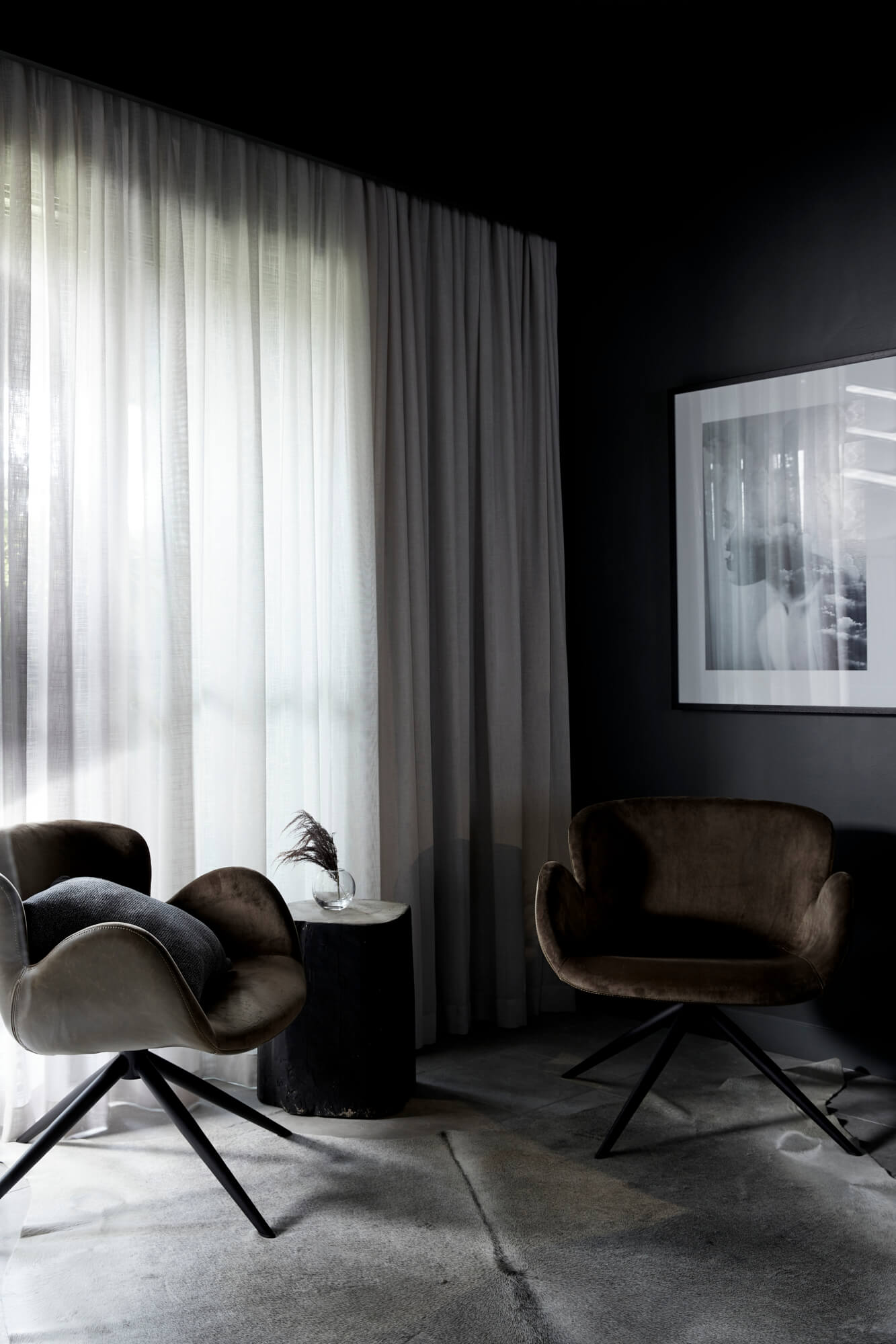 Luxury velvet armchairs in the sitting area of the Bower Studios, The Bower Byron Bay hotel