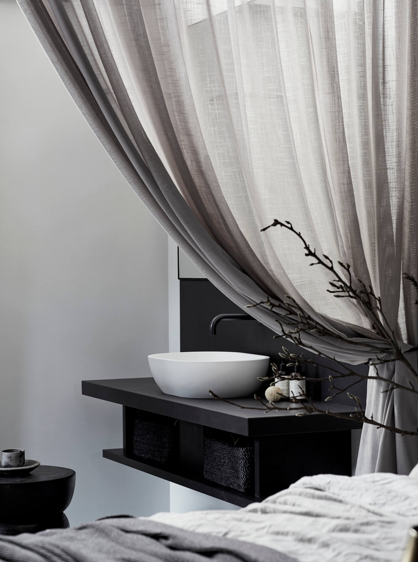 Custom vanity with white stone bowl at Bower Studios at The Bower Byron Bay hotel