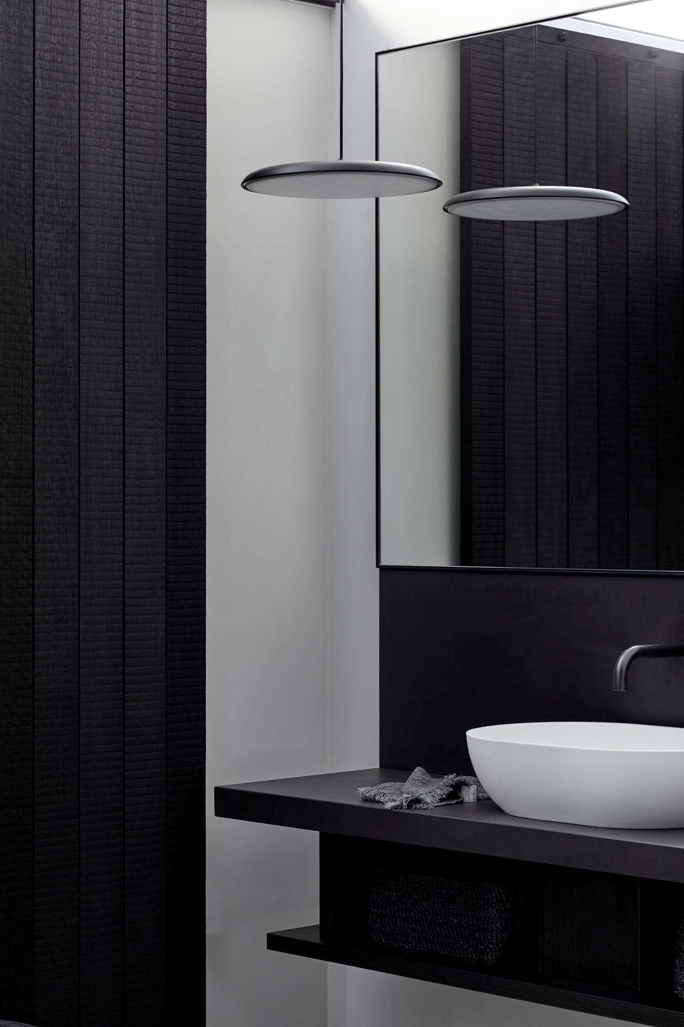 Feature pendant light over the custom vanity at the Bower Studios at The Bower Byron Bay hotel