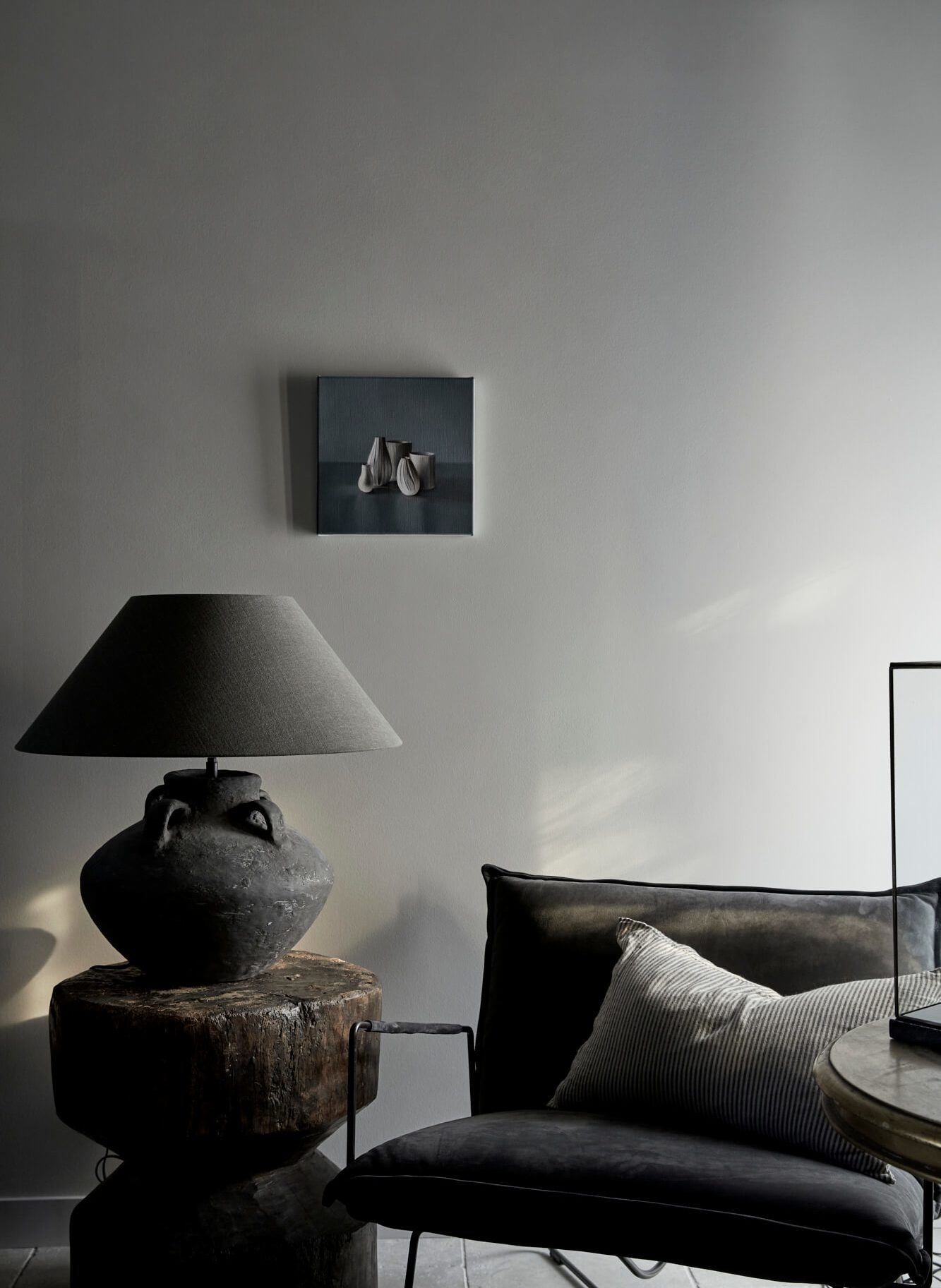 Island Luxe ceramic lamp and leather armchair at the Bower Studios at The Bower Byron Bay hotel