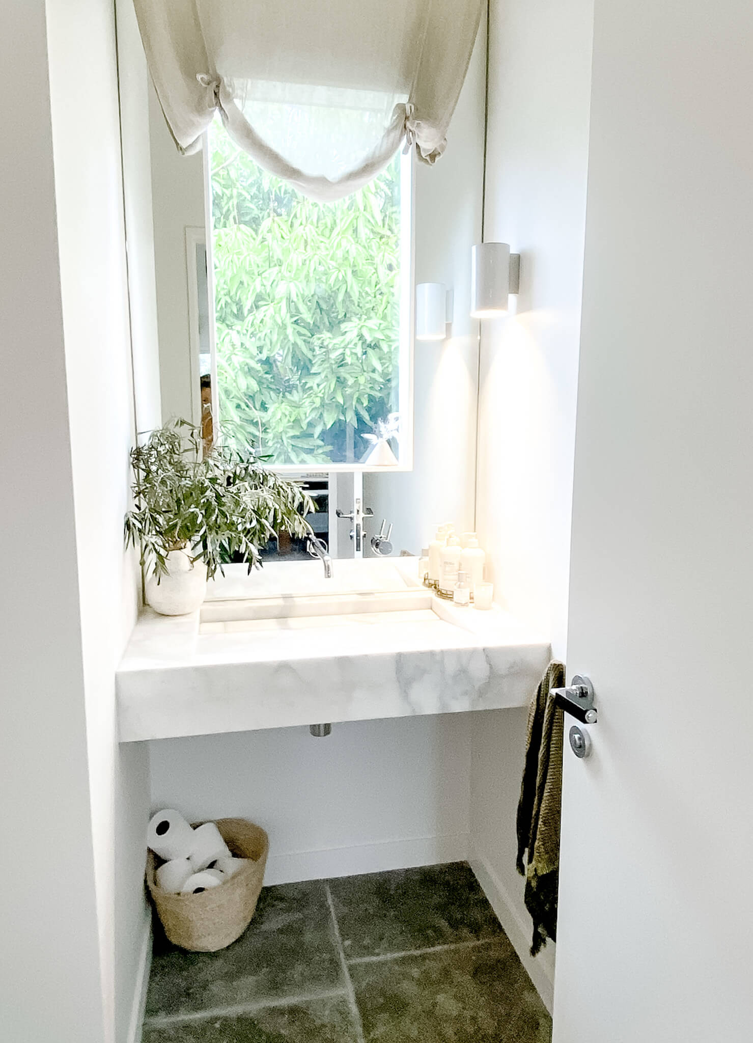 Powder room with custom marble vanity at The Lodge, Byron Beach Abodes