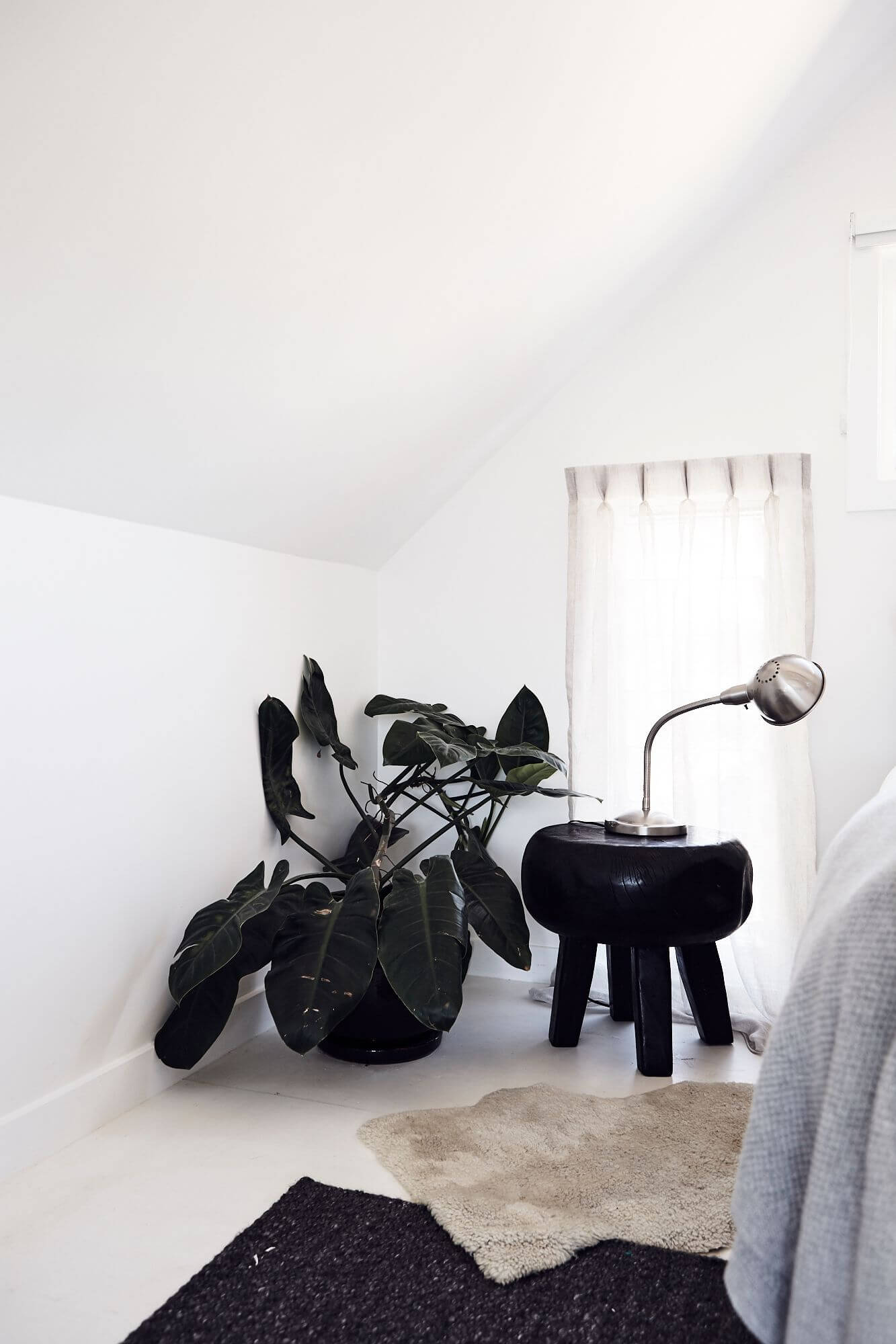 Small timber bedside table, lamp and indoor plant at The Chapel, Byron Beach Abodes
